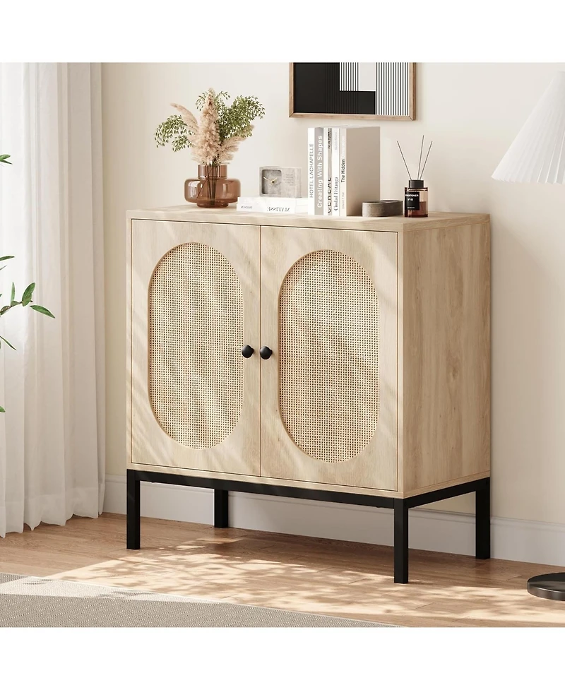 gaomon Rattan Sideboard Set of 2, Accent Storage Cabinet with 2 Doors and Adjustable Shelf, Boho Buffet Cabinet with Metal Legs