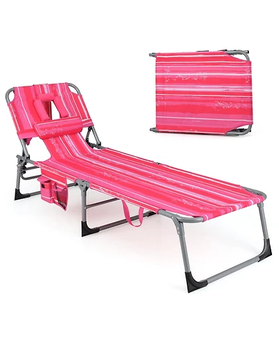 Gouun Adjustable Folding Beach Lounge Chair with Face Hole and Pillow