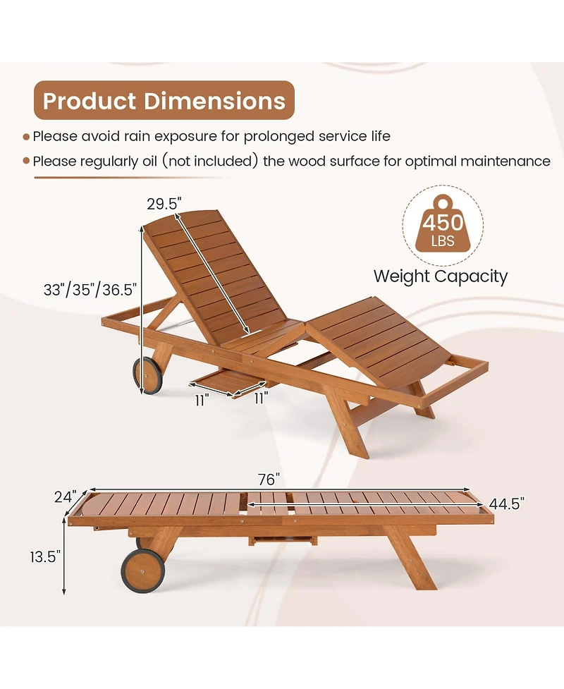Gouun 4-Position Outdoor Wood Chaise Lounge with Wheels and Side Table