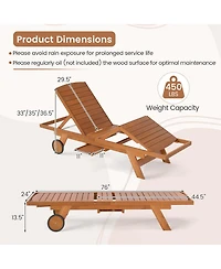 Gouun 4-Position Outdoor Wood Chaise Lounge with Wheels and Side Table
