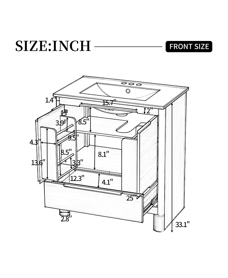 Busdays 30 Inch Oak Wood Grain Bathroom Vanity with Ceramic Sink Solid Wood Frame Soft Close Doors and Drawer Adjustable Shelf