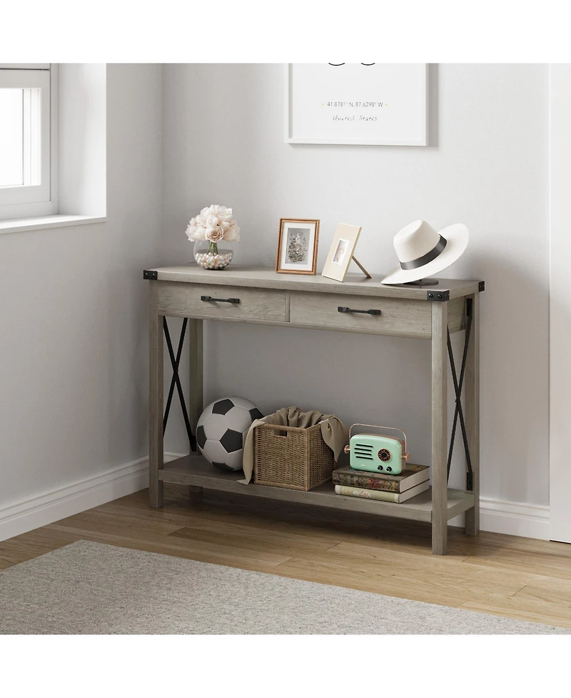 gaomon 31" Industrial Console Table with Drawers and Open Shelf