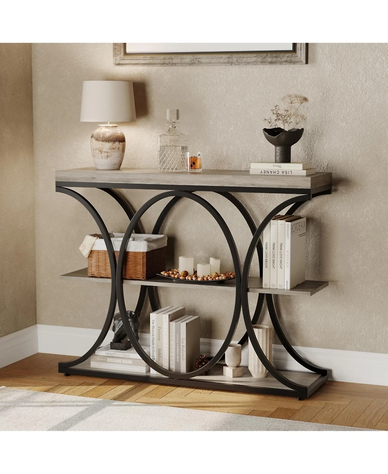 gaomon 39" Industrial 3-Tier Sofa Console Table with Oval-Shaped Metal Frame and Adjustable Feet