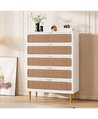 gaomon Rattan Dresser with 5 Drawers, Tall Modern Closet with Deep Storage, Large Chest of Drawers with Wide Top