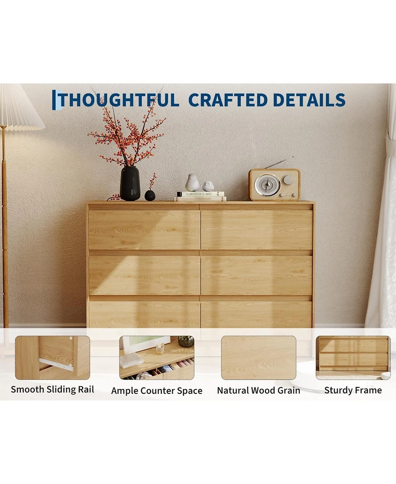 gaomon Farmhouse 6 Drawer Dresser, 47 Inch Wide Chest of Drawers, Handle-Less Design Oak Wooden Organizer Cabinet for Bedroom