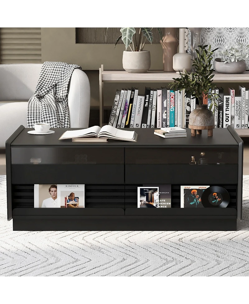 Rainsken Modern Rectangle Coffee Table, 47.2" Wood Center Table with 4 Drawers and 2 Display Shelves, Fluted Design for Living Room