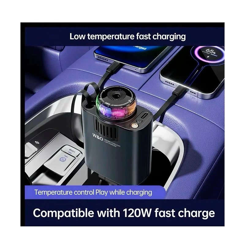 Artudatech 120W Car Charger with Retractable Cable, Aromatherapy and Star Ceiling Light