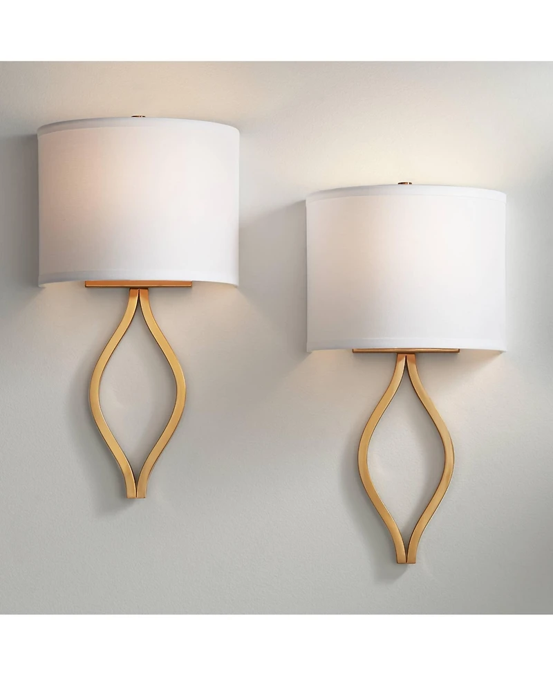 Possini Euro Design Sian Modern Wall Light Sconces Set of 2 Warm Brass Hardwired 10" Fixture Half-Moon Linen Shade for Bedroom