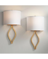Possini Euro Design Sian Modern Wall Light Sconces Set of 2 Warm Brass Hardwired 10" Fixture Half-Moon Linen Shade for Bedroom