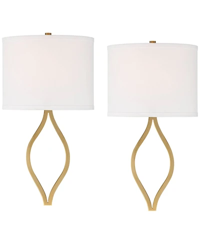Possini Euro Design Sian Modern Wall Light Sconces Set of 2 Warm Brass Hardwired 10" Fixture Half-Moon Linen Shade for Bedroom