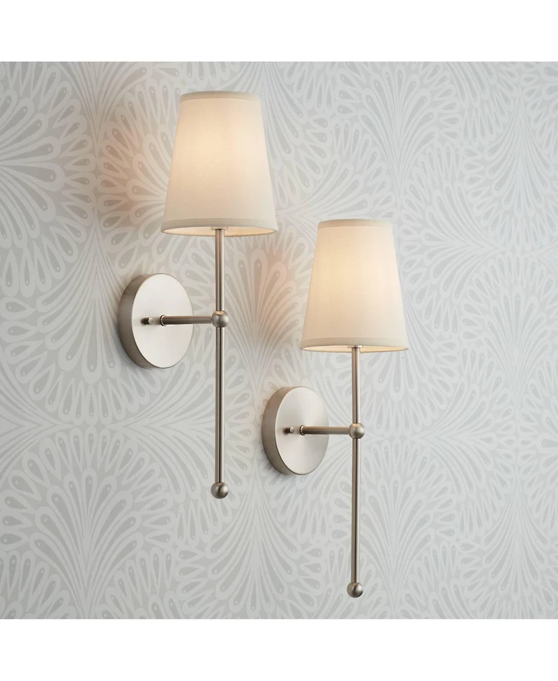 Possini Euro Design Elena Modern Wall Light Sconces Set of 2 Brushed Nickel Hardwire 6" Fixture Cream Linen Shade for Bedroom Reading Living Room Home