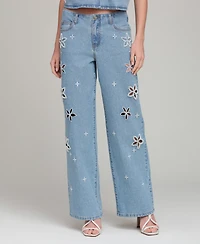 Avec Les Filles Women's Mid-Rise Floral Cutout Jeans