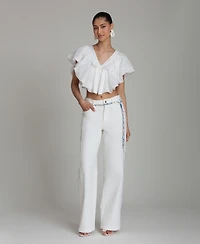 Avec Les Filles Women's V-Neck Tie-Detail Bubble Top