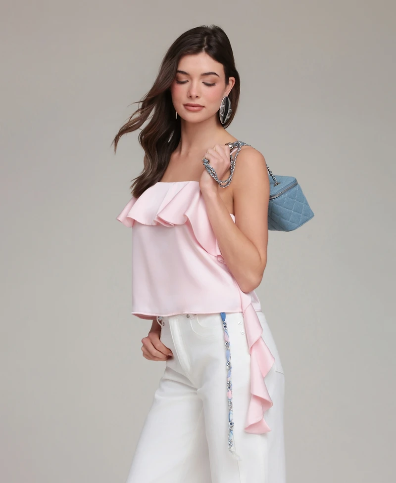 Avec Les Filles Women's Asymmetrical Ruffle Detail Square Neck Top