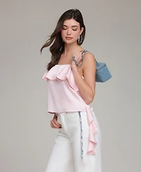 Avec Les Filles Women's Asymmetrical Ruffle Detail Square Neck Top