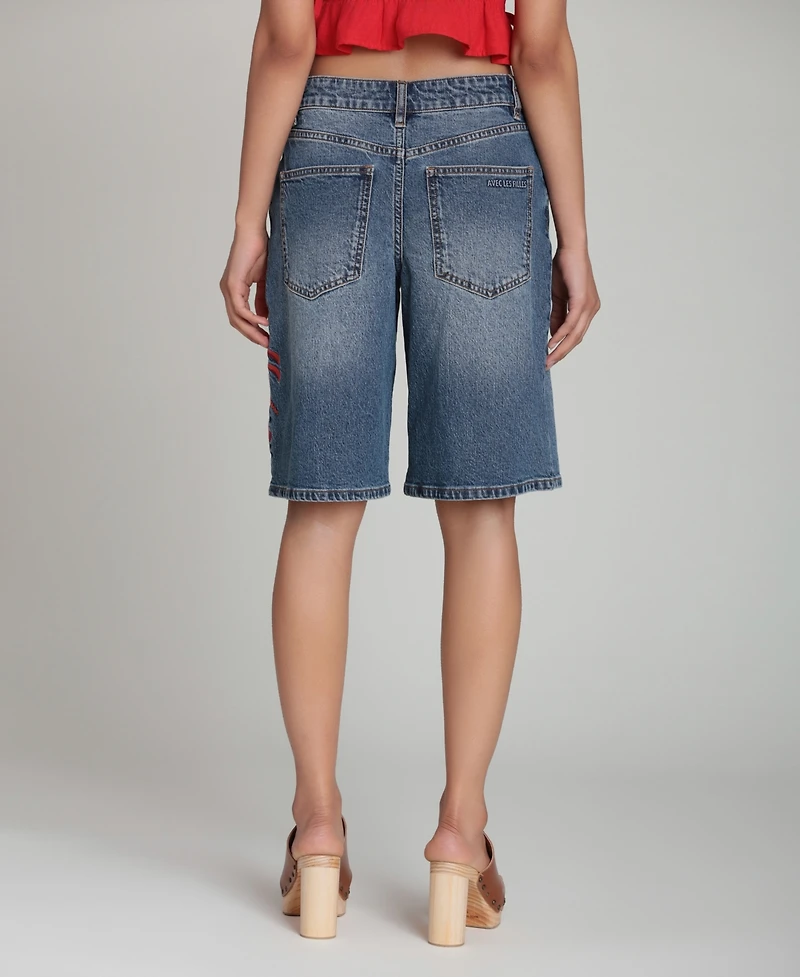 Avec Les Filles Women's Mid-Rise Lobster Embroidered Denim Shorts
