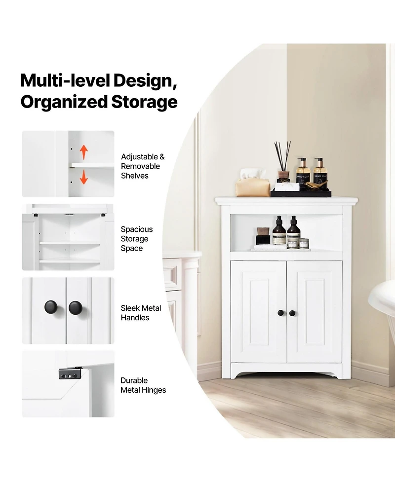 Sugift 32" Corner Storage Cabinet, 3-Tier Freestanding Kitchen Cabinet with Shelves