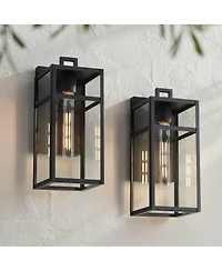 John Timberland San Lucas 14 1/2" High Modern Outdoor Wall Light Fixture Mount Porch House Set of 2 Sand Black Metal Glass Shade