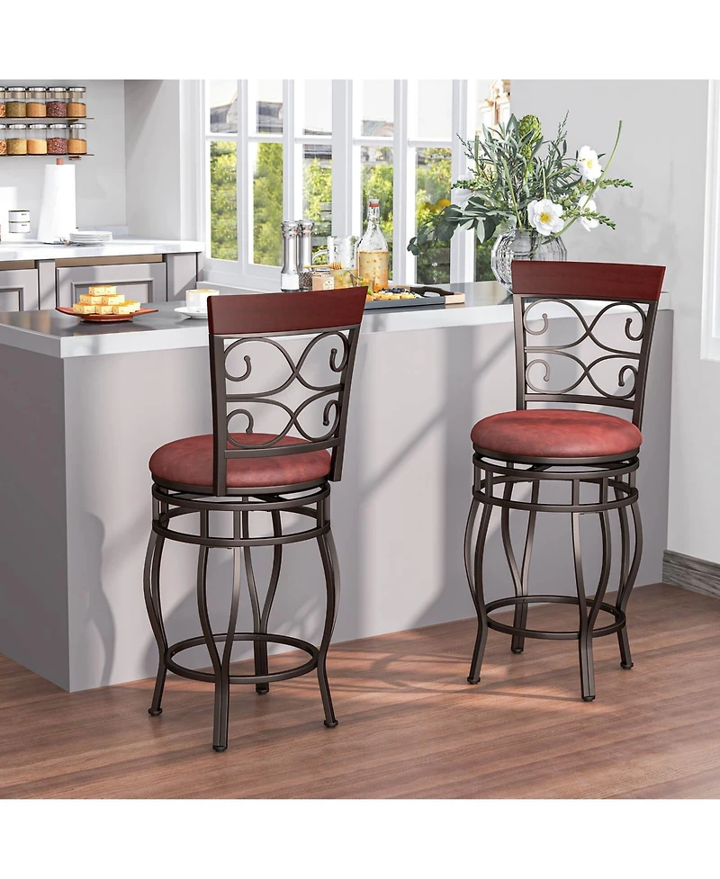 Costway 26" Swivel Bar Stools Set of 2 with Upholstered Seat Scroll Backrest Footrest