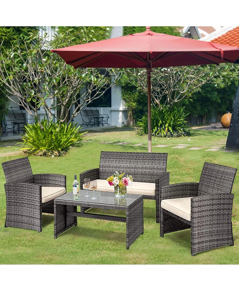 Gymax 4PCS Patio Outdoor Rattan Conversation Furniture Set w/ Navy Cushion