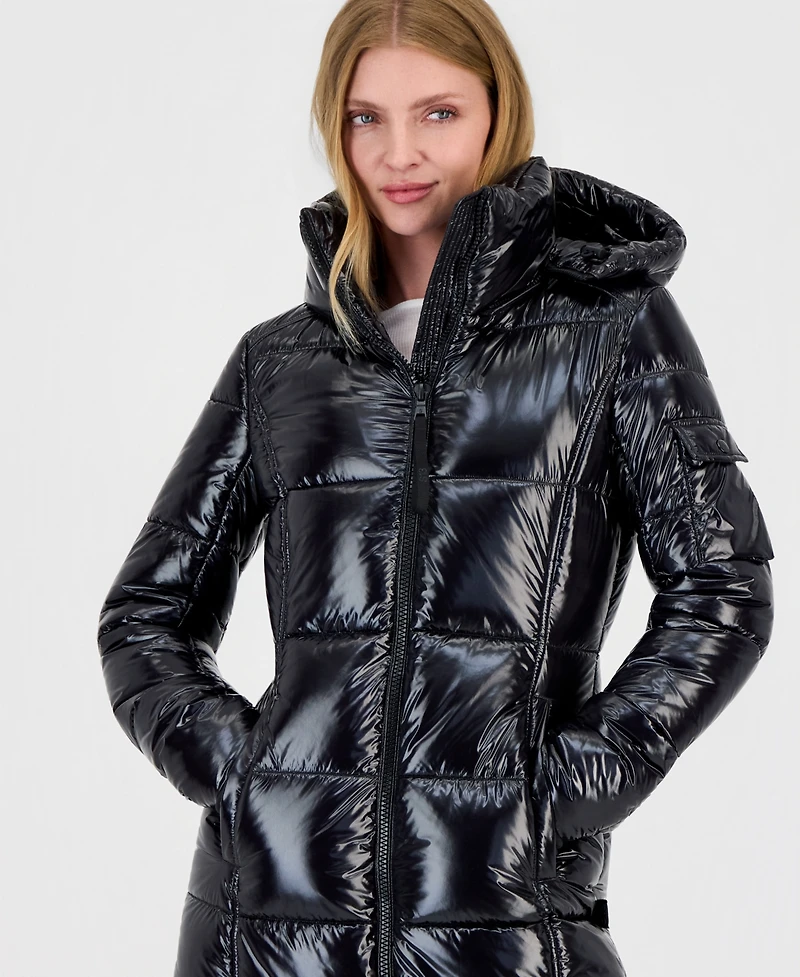 S13 Women's Hooded Thumbhole-Cuff Shine Puffer Coat