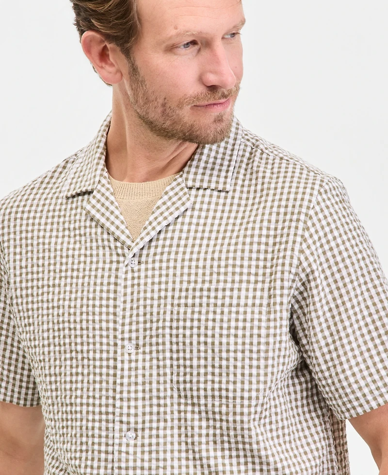 Club Room Men's Short Sleeve Striped Seersucker Button-Front Camp Shirt, Exclusively at Macy's - Pair Plaid