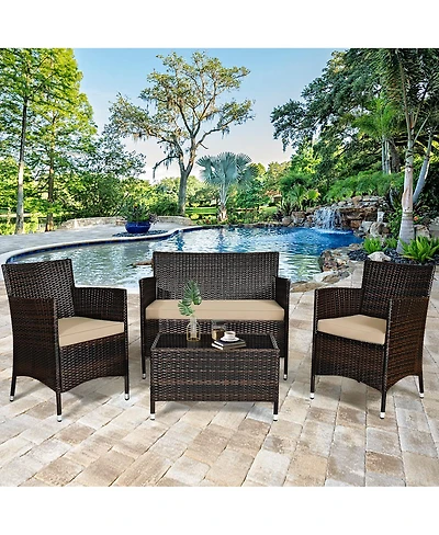 Gymax 4 Pieces Patio Rattan Conversation Furniture Set Outdoor w/ Cushion