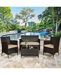 Gymax 4 Pieces Patio Rattan Conversation Furniture Set Outdoor w/ Cushion