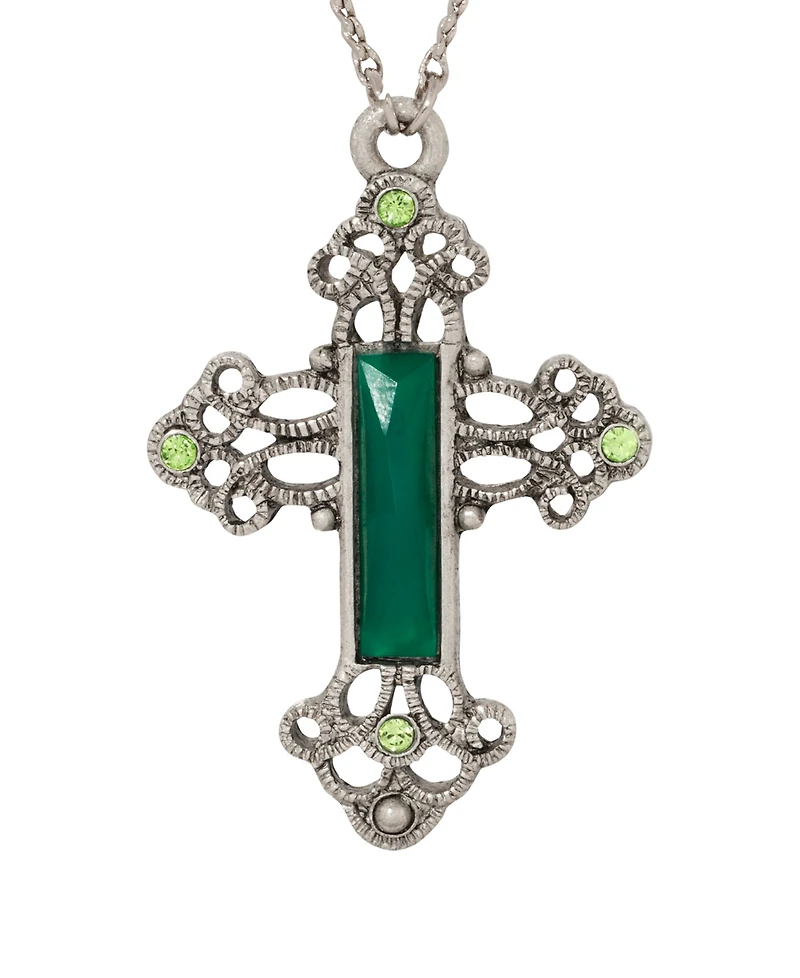 Symbols of Faith Pewter Silver Tone Green Cross Necklace