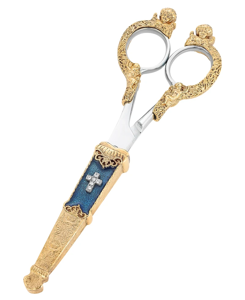 Symbols of Faith Gold Tone Crystal Cross Blue Enamel Scissor Holder with Scissors