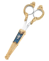 Symbols of Faith Gold Tone Crystal Cross Blue Enamel Scissor Holder with Scissors