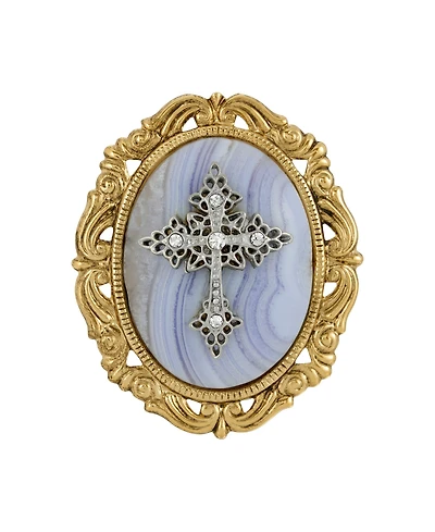 Symbols of Faith 14k Gold Dipped Blue Lace Agate Oval Brooch