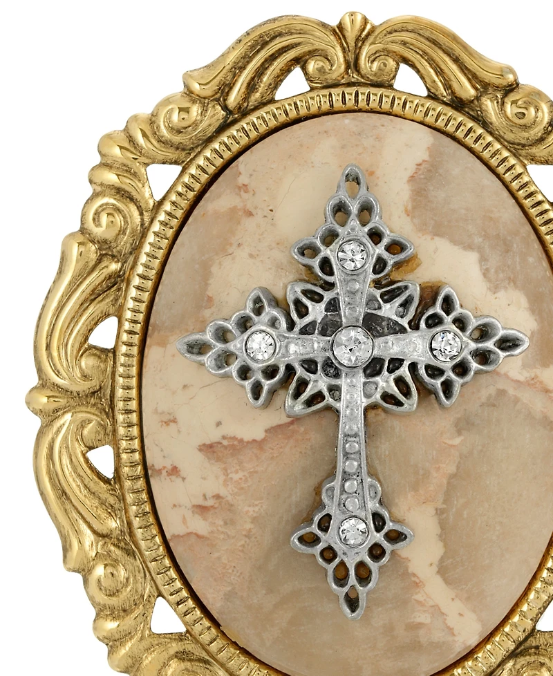 Symbols of Faith 14k Gold Dipped Brown Obsidion Oval Brooch