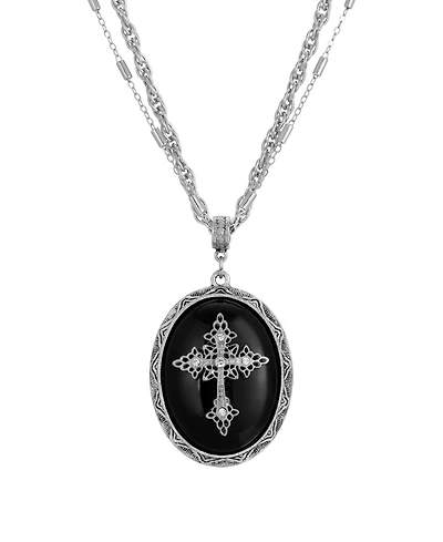Symbols of Faith Pewter Cross Oval Onyx 18" Necklace
