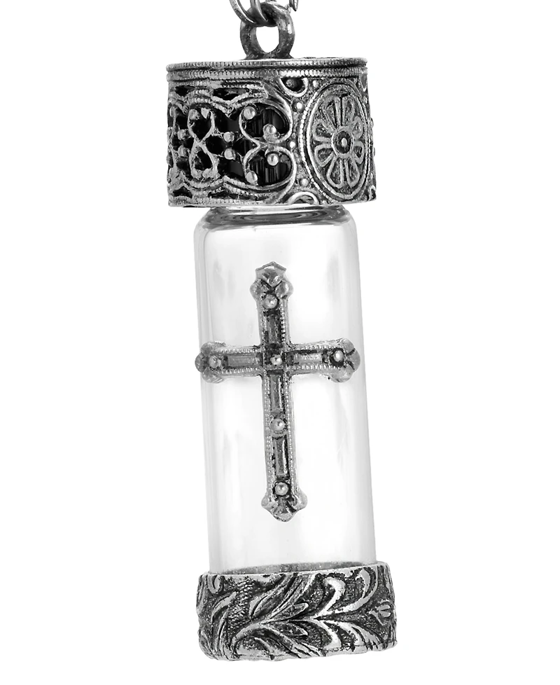 Symbols of Faith Antique Pewter and Silver Tone Glass Cross Vial Screw Cap Necklace