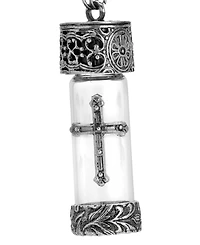 Symbols of Faith Antique Pewter and Silver Tone Glass Cross Vial Screw Cap Necklace