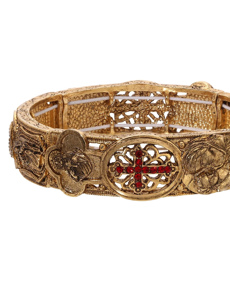 Symbols of Faith Gold Tone with Light Siam Cross Stretch Bracelet