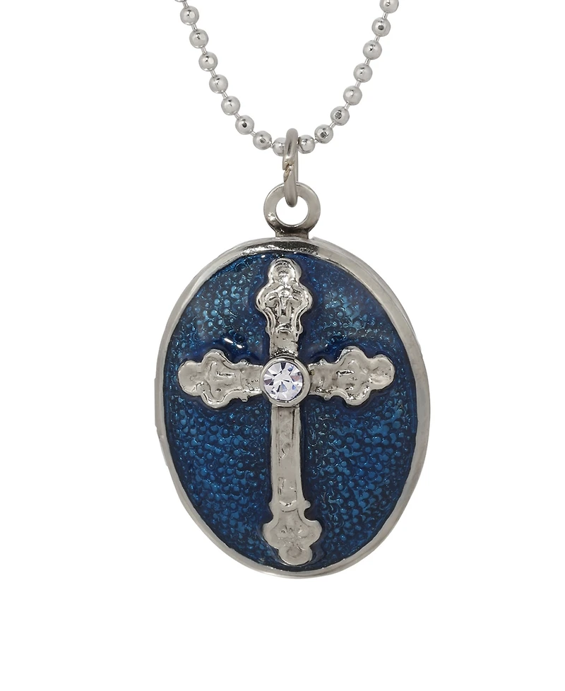 Symbols of Faith Silver Tone Blue Cross Locket Necklace