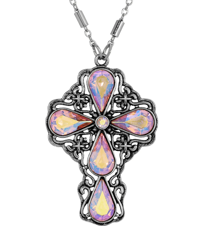 Symbols of Faith Silver Pewter Tone Ab Topaz Teardrop Crystal Pendant Cross 24" Necklace