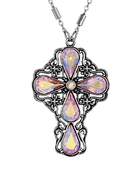 Symbols of Faith Silver Pewter Tone Ab Topaz Teardrop Crystal Pendant Cross 24" Necklace