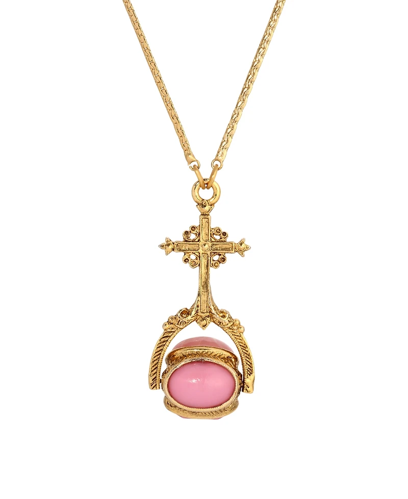 Symbols of Faith 14K Gold Dipped Cross Multi Hue Pink Stones Spinner 30" Necklace