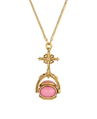 Symbols of Faith 14K Gold Dipped Cross Multi Hue Pink Stones Spinner 30" Necklace