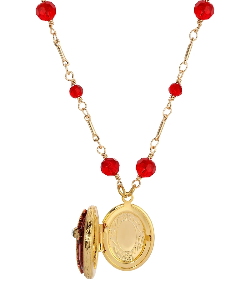 Symbols of Faith Gold Tone Siam Red Enamel Cross Oval Locket 16" Beaded Chain Necklace