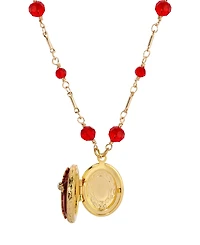 Symbols of Faith Gold Tone Siam Red Enamel Cross Oval Locket 16" Beaded Chain Necklace