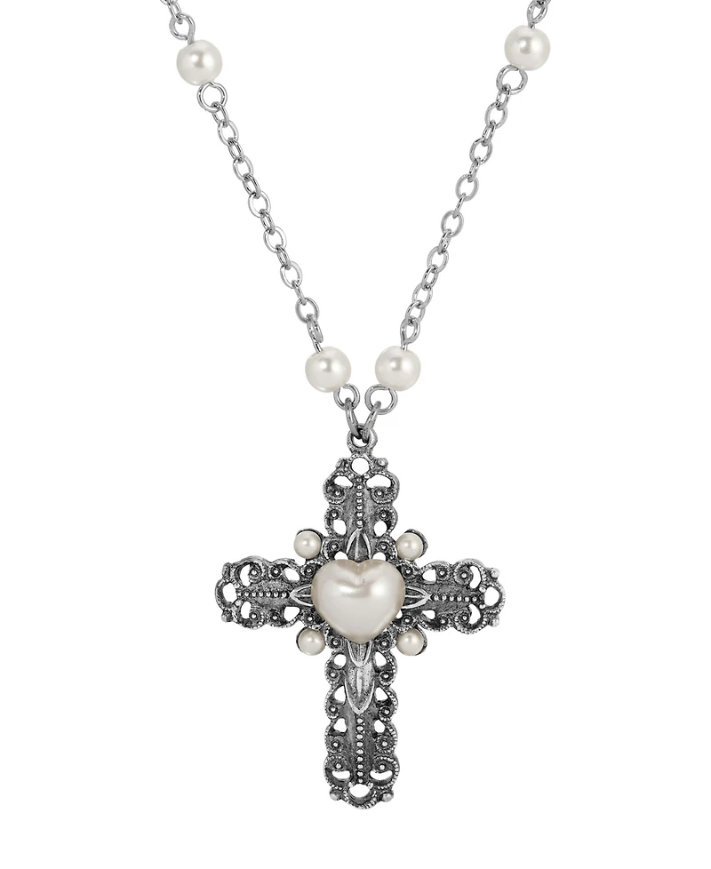 Symbols of Faith Silver-Tone Cross Heart Imitation Pearl 24" Necklace