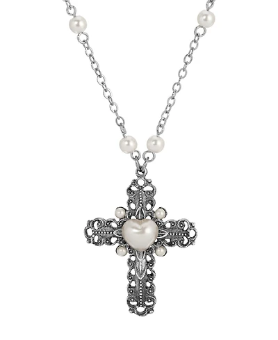 Symbols of Faith Silver-Tone Cross Heart Imitation Pearl 24" Necklace