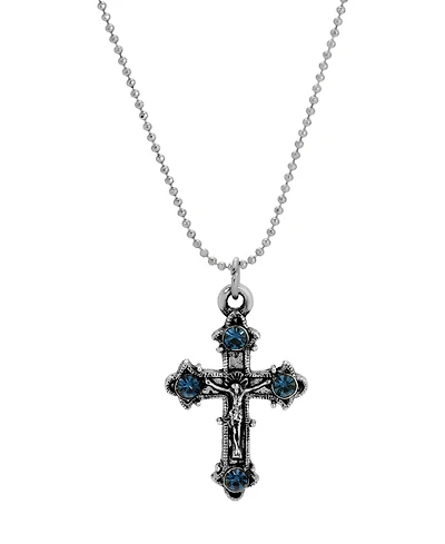Symbols of Faith Silver-Tone Crucifix Montana Crystals 16" Necklace
