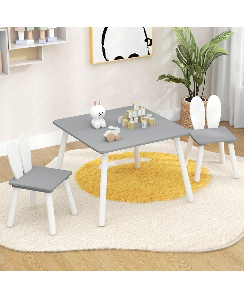 Gymax 3 Pieces Kids Table and Chairs Set Children Wooden Furniture Set w/ Solid Wood Legs