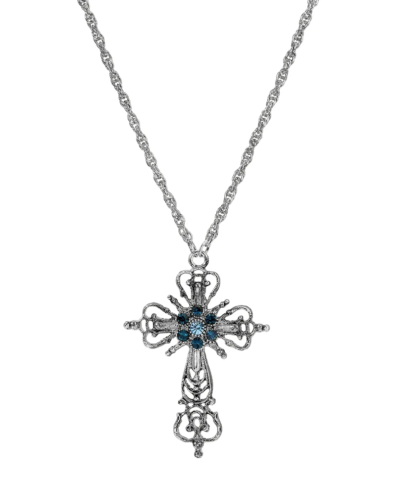Symbols of Faith Silver-Tone Cross Blue Crystals 30" Necklace