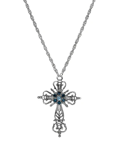 Symbols of Faith Silver-Tone Cross Blue Crystals 30" Necklace